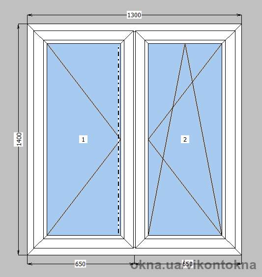 Окно металлопластиковое Rehau Euro 70 mm 2-створчатое поворотно-откидное, поворотное, фурнитура Siegenia, 1300х1400 мм, белое